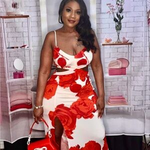 Red Floral Cutout Dress